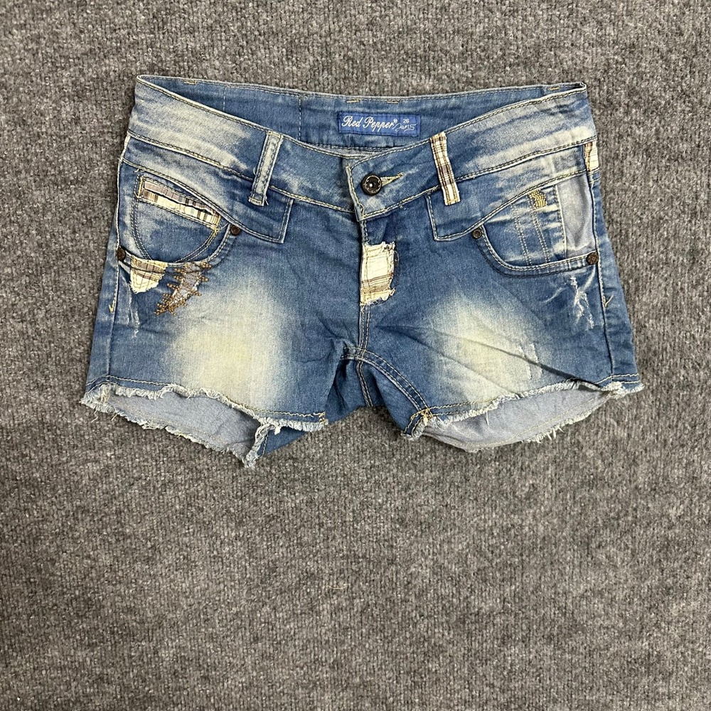 Red Pepper Shorts Womens Size 26 Blue Distressed Plaid Patchwork Y2K Cut Off